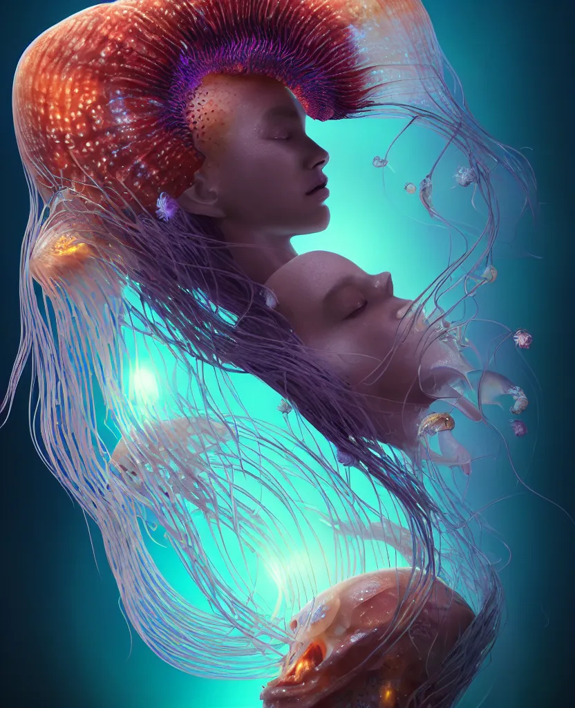 Image similar to goddess close-up portrait. orchid jellyfish phoenix head, nautilus, skull, betta fish, bioluminiscent creatures, intricate artwork by Tooth Wu and wlop and beeple. octane render, trending on artstation, greg rutkowski very coherent symmetrical artwork. cinematic, hyper realism, high detail, octane render, 8k