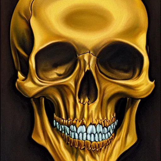 Prompt: photorealistic painting of a golden skull