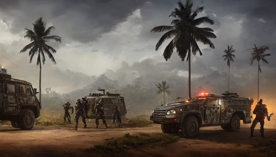 Prompt: a militarized police vehicle riding through a kerala village, troops searching the area, furious action scene, an epic fantasy, dramatic lighting, cinematic, establishing shot, extremely high detail, photorealistic, cinematic lighting, artstation, matte painting, octane render, by simon stalenhag, shadow of the tomb raider, aesthetic