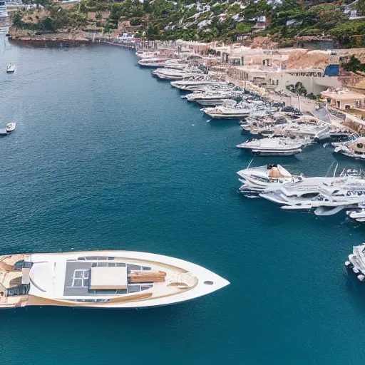 Image similar to gold plated mega yacht with two swimming pools and a helicopter landing pad, drone shot, docked at harbor, clear and focused, elegant, photograph