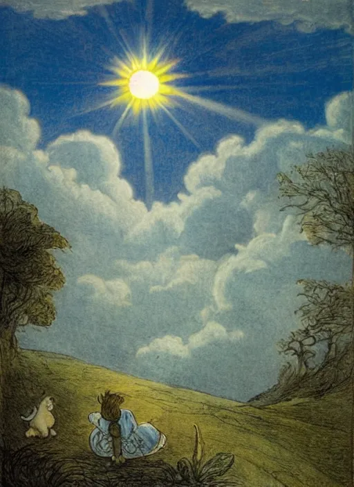 Prompt: day sky, sun prominently in the center, surrounded by clouds, landscape, illustrated by peggy fortnum and beatrix potter and sir john tenniel