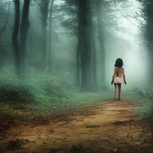 Image similar to full body shot of a young fantastical nymph walking out of a small forest lake, cinematic light, volumetric fog, 24mm,