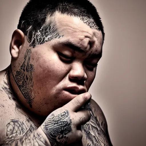 Prompt: portrait of down syndrome kevin gates sharp focus, shallow depth of field, 4 k editorial photograph, soft lighting, blank background