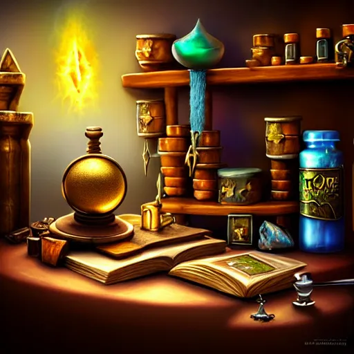 Image similar to photorealistic, table, wizards laboratory, mortar, pestle, scales, magic book, tony sart,