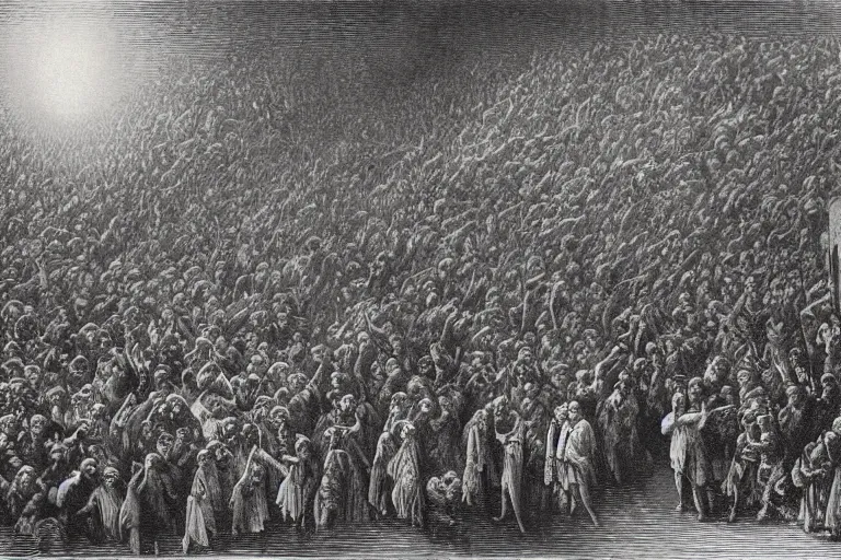 Image similar to aerial view, crowd of people looking up, Gustave Dore lithography