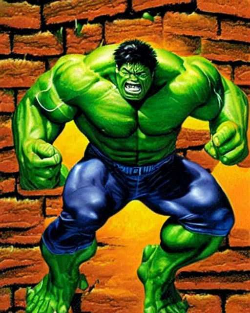 Image similar to a dynamic painting of the incredible hulk looking angry and breaking through a brick wall by joe jusko.