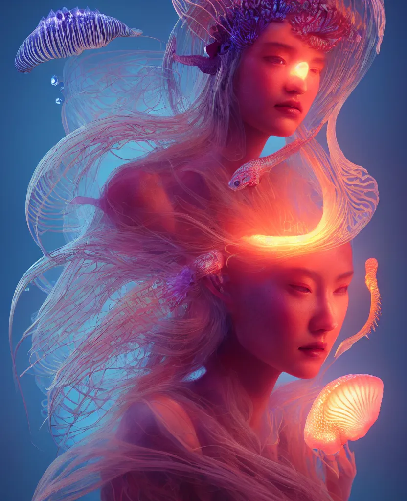 Image similar to goddess close-up portrait. jellyfish phoenix head, nautilus, orchid, skull, betta fish, bioluminiscent creatures, intricate artwork by Tooth Wu and wlop and beeple. octane render, trending on artstation, greg rutkowski very coherent symmetrical artwork. cinematic, hyper realism, high detail, octane render, 8k