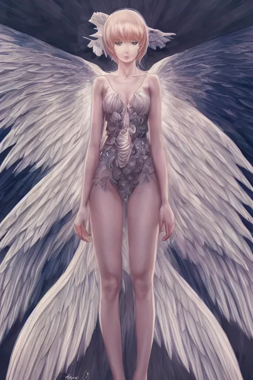 Image similar to Portrait of beautiful anime maiden with angelic wings, intricate, elegant, highly detailed, artstation, concept art, illustration, art by Range Murata