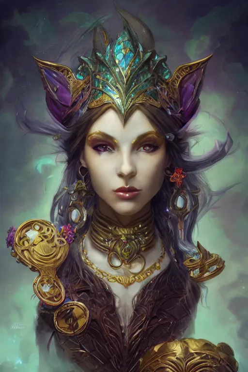 Prompt: headshot portrait of a high fantasy female elf ornate goddess wearing lots of jewelry, peter mohrbacher, Maxfield parrish, arney freytag, blizzard concept artists, concept art, fantasy, 4k, CG render, colorful, hd, trading card, magic the gathering, vibrant, octane, New art nouveau, insanely detailed,
