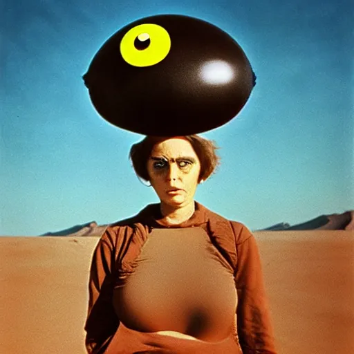 Image similar to woman with an inflatable head and giant eyeballs, in the desert 1972 Jodorowsky film, archival footage, technicolor film expired film live-action, 16mm