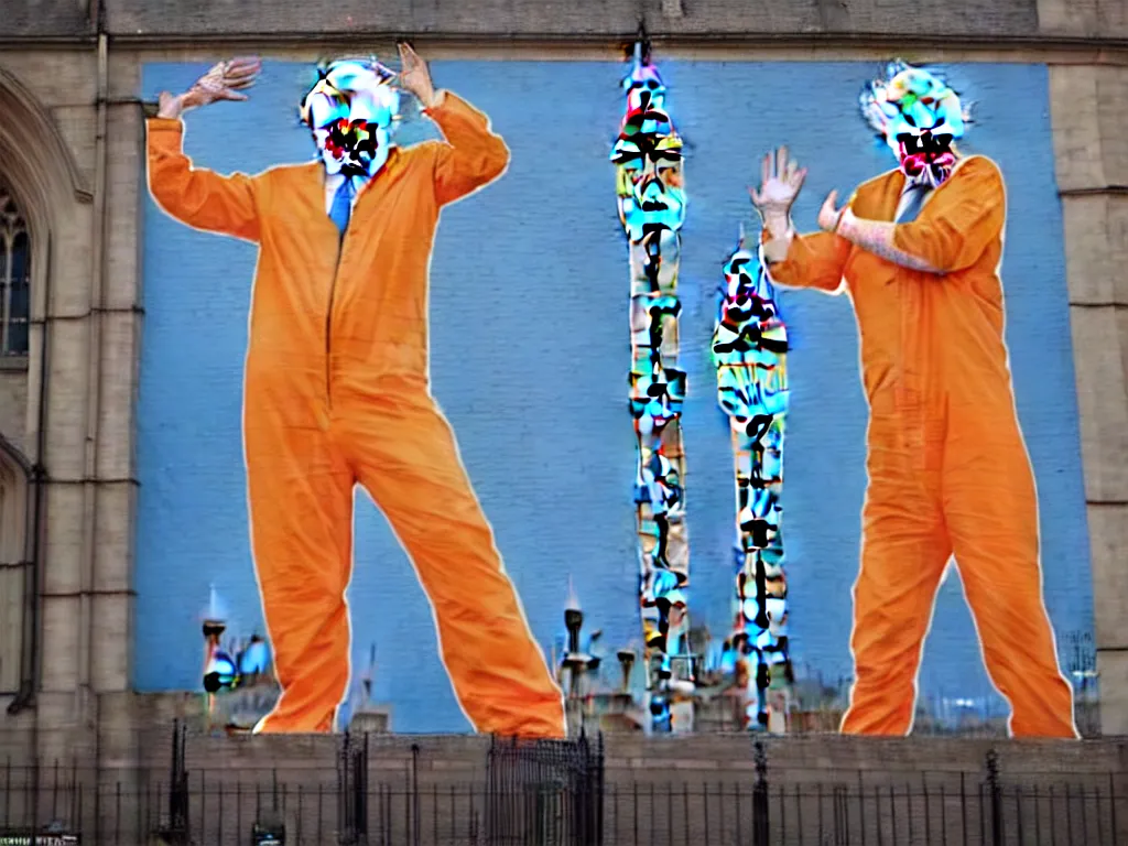 Image similar to photograph of a mural, depicting boris johnson in an orange jumpsuit, painted covering every square inch of the palace of westminster