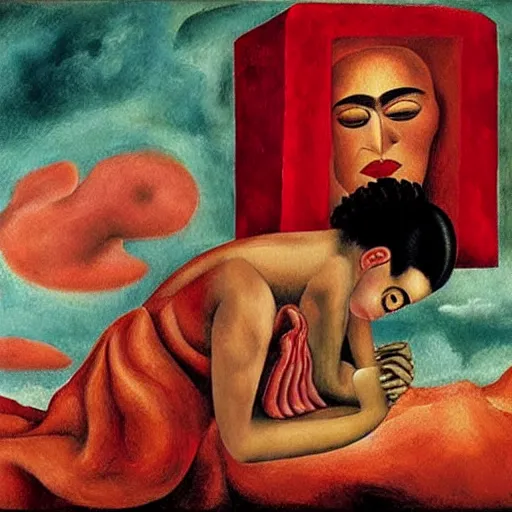 Image similar to Angel crying on top of a red cube made out of water, tears falling from eyes, oil painting by Frida Kahlo