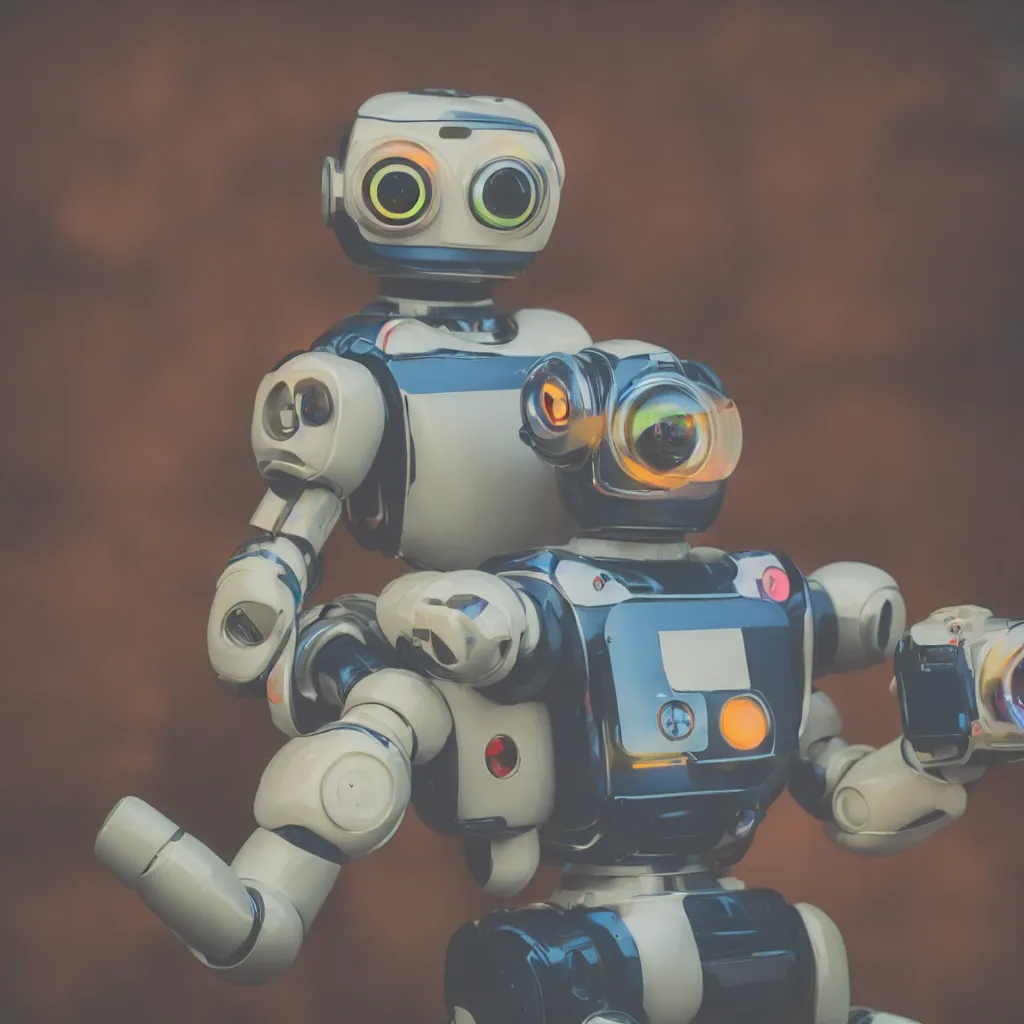 Image similar to high quality presentation photo of a retro toy robot with glowing eyes, photography 4k f1.8 anamorphic bokeh 4k Canon Nikon