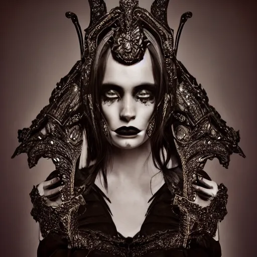 Prompt: a portrait of female model by stefan geselle, nekro borja and peter kemp, dark fantasy, ornate headpiece, dark beauty, photorealistic, canon r 3, photography