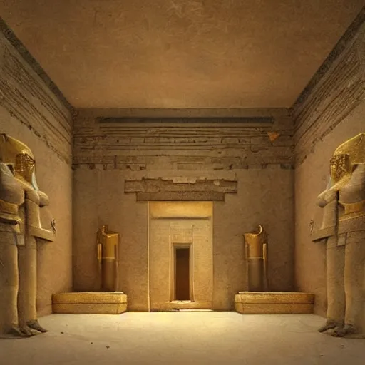 Image similar to an ancient egyptian room entirely made of gold, concept art, architecture design, pyramids, art by greg rutkowski