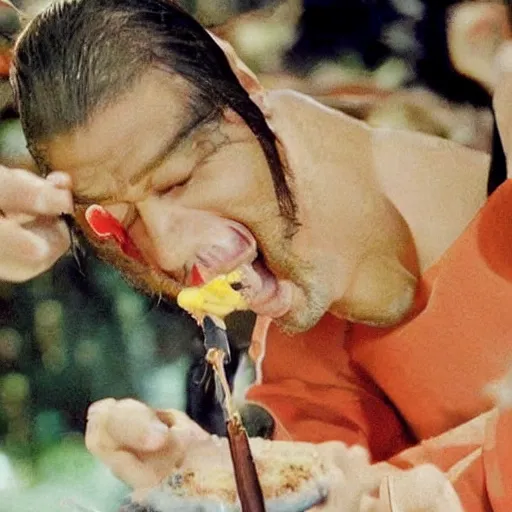 Image similar to scene from Kagemusha, 1980, movie still, cinematic, a samurai eating a hot dog, mustard and ketchup,