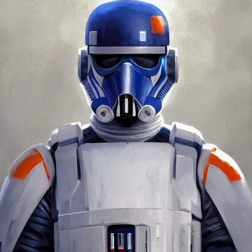 Image similar to portrait of a man by greg rutkowski, a soldier of the new galactic republic, wearing a white, blue and orange tactical gear, star wars expanded universe, highly detailed portrait, digital painting, artstation, concept art, smooth, sharp foccus ilustration, artstation hq