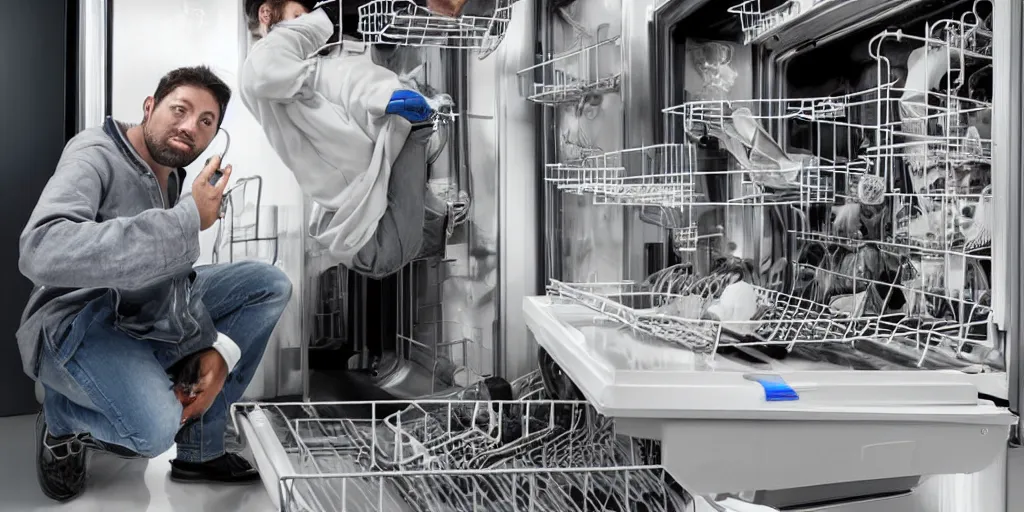 Image similar to a man constructed from the parts of a broken dishwasher. he is crouching inside a refrigerator and a squid is emerging from his gaping torn mouth