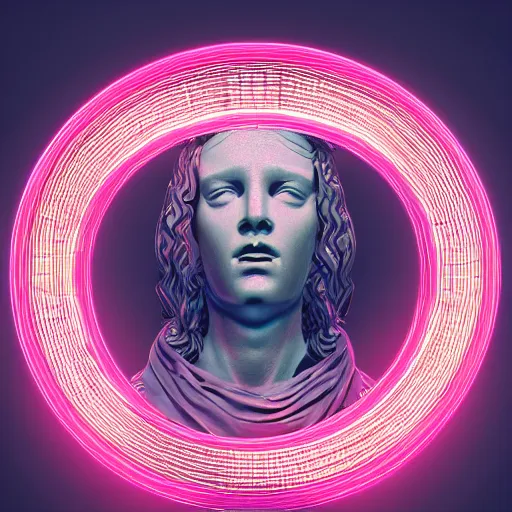 Image similar to a renaissance statue inside a neon ring sculpture, black background, ray tracing, 3 d render, 8 k resolution, shar focus, hyper detailed, hyper realistic