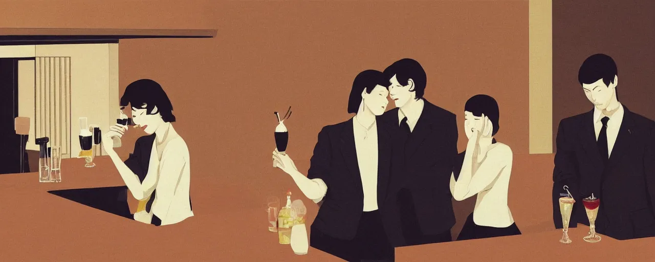 Prompt: a young status-seeking couple drinking cocktails in a classy bar in tokyo, picture in the style of Edward Hopper