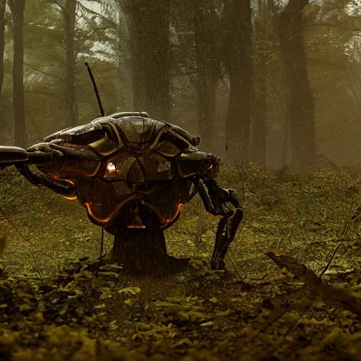 Prompt: a photo of soldier stand across huge alien arachnoid bug, old road in the forest lomography photo, playstation 5 screenshot, fine details, rain, rtx reflections, fog, night, photorealistic, unreal engine, octane render, volumetric light, featured on cg society, 4 k, 5 0 mm bokeh