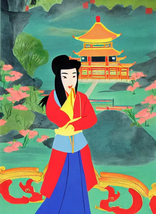 Image similar to mulan in front of chinese temple, by mary blair