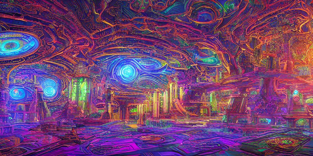 Image similar to temple of the supreme artificial intelligence on an earth like psychedelic planet, beautiful ultra detailed colorful digital art