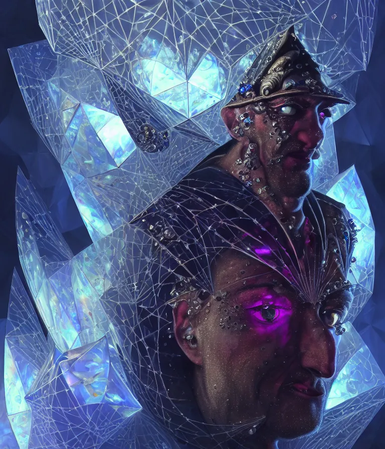 Image similar to front!!! shot of a court jester!!! character, mesmerizing fractal hypercubes, platinum cracked, dark holography!!!, future, metallic galactic, crystalline edges, polygonal, elegant, highly detailed, centered, (((artstation, concept art, jagged, sharp focus, artgerm, Tomasz Alen Kopera, Peter Mohrbacher, donato giancola, Joseph Christian Leyendecker, WLOP, Boris Vallejo))), ((raytracing)), mugshot!!!!!, ugly!!!!!!, octane render, nvidia raytracing demo, octane render, nvidia raytracing demo, octane render, nvidia raytracing demo, 8K, cinematic, masterpiece, fine portrait