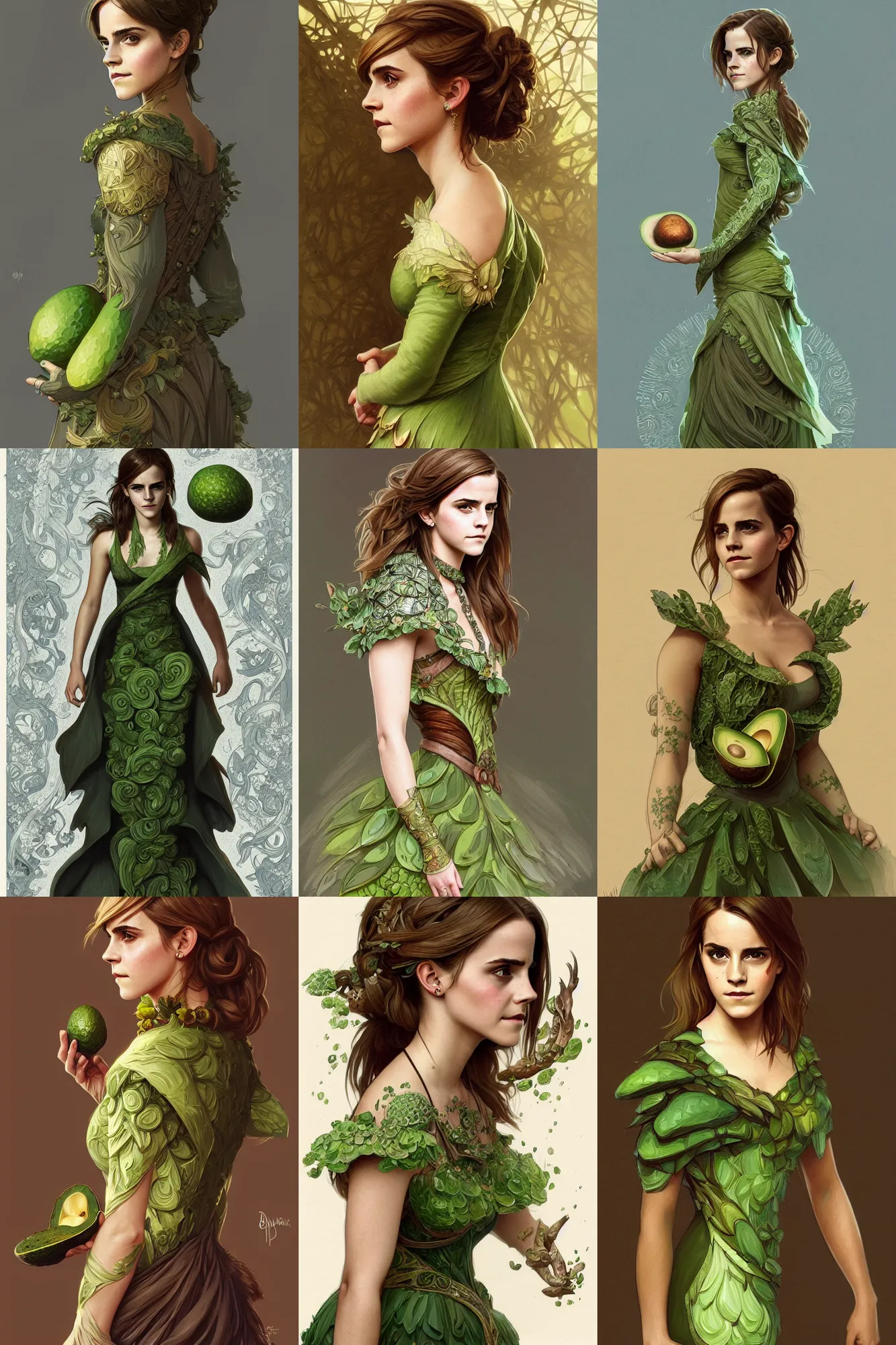 Prompt: emma watson wearing an avocado - themed dress, d & d, fantasy, intricate, elegant, highly detailed, digital painting, artstation, concept art, matte, sharp focus, illustration, hearthstone, art by artgerm and greg rutkowski and alphonse mucha