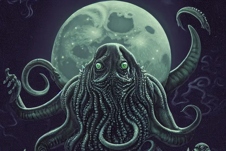 Image similar to Bob Belcher Cthulhu chimera on the photorealistic moon surface, high detail, movie poster, lunar, silhouetted