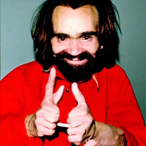 Prompt: Photo of Charles Manson smiling and giving the peace sign, circa 1970