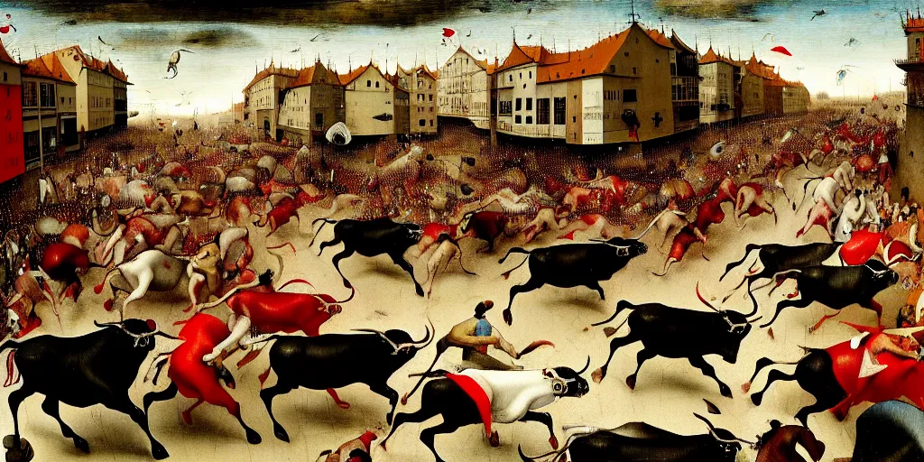 Image similar to the running of the bulls in pamplona, hundreds of people are fleeing from rampaging bulls in the city streets, art by hieronymus bosch, intricate, elegant, highly detailed, smooth, sharp focus, artstation