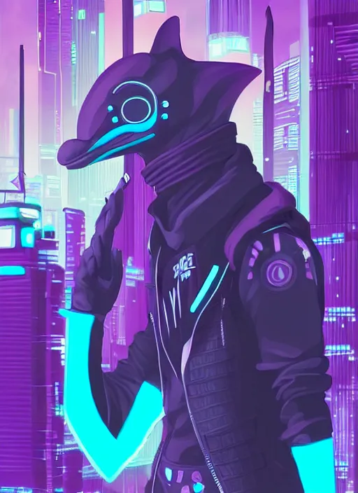 Image similar to beautiful portrait commission of a male furry anthro dolphin fursona wearing cyberpunk skater clothes. Cyberpunk city at night