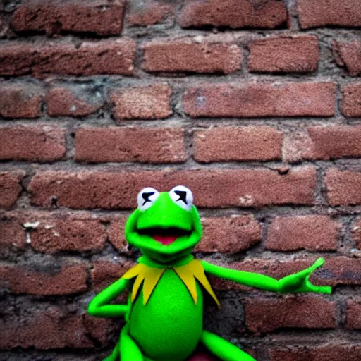 Image similar to DSLR photo of Kermit the frog drunk in a back alley