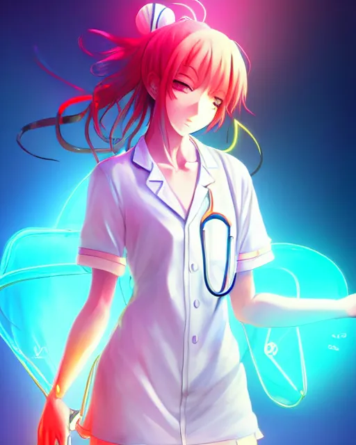 Image similar to anime style, vivid, expressive, full body, 4 k, painting, a cute magical girl with a long wavy hair wearing a nurse outfit, correct proportions, stunning, realistic light and shadow effects, neon lights, centered, simple background, studio ghibly makoto shinkai yuji yamaguchi