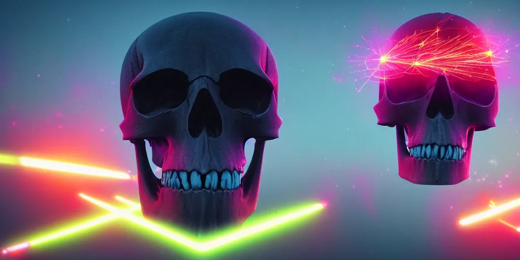 Prompt: a huge skull with laser blast, in the style of Beeple, cinematic, 4K