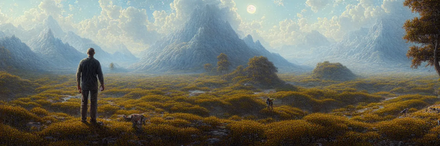 Image similar to ultra realist intricate detailed landscape painting of last man on earth, very intricate details, bokeh focus, 8 k render, by les edwards, award winning