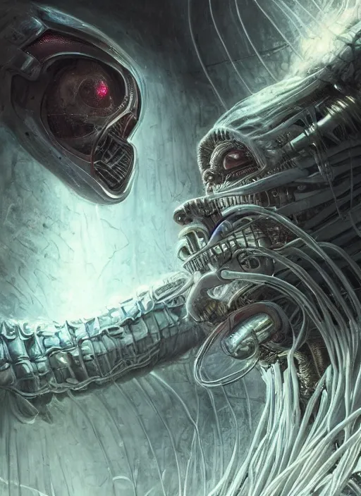 Prompt: close up sci - fi horror machine glowing mf doom reptile eyes fused into massive wires, white skin, elegant, highly detailed, centered, digital painting, concept art, smooth, sharp focus, illustration, artgerm, tomasz alen kopera, peter mohrbacher, donato giancola, joseph christian leyendecker, wlop, frank frazetta