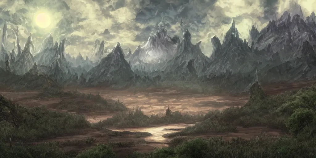 Prompt: landscape, medieval, claymore anime background, world destroyer from claymore manga towering in the sky, a forest in the foreground, mountains in the background, concept art, colour, illustration, smooth, sharp focus, tilted angle, intricate, trending on artstation, trending on deviantart, 4 k