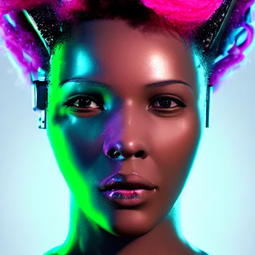 Image similar to portrait of a beautiful caribbean woman with pink hair as a cyberpunk cyborg half robot, revealing wires and electronics, circuit boards, wire management, sci - fi, missing panels, intricate abstract upper body intricate artwork, concept art, octane render, deviantart, cinematic, key art, hyperrealism, iridescent accents, portrait photograph, nikon 3 5 mm, photograph by greg rutkowski