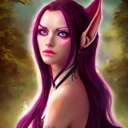 Image similar to portrait of a beautiful female high elf with magenta eyes and dark hair, digital art dnd beyond trending on art station 8 k