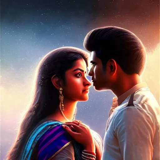 Image similar to perfectly centered movie promotional poster photograph of a young indian guy and a beautiful girl side profile faces symmetrical ; real life portrait, ultra realistic, concept art, intricate details, eerie, highly detailed, photorealistic, octane render, 8 k, unreal engine ; romantic theme, two lovers sharing one heart ; art by artgerm, greg rutkowski, charlie bowater