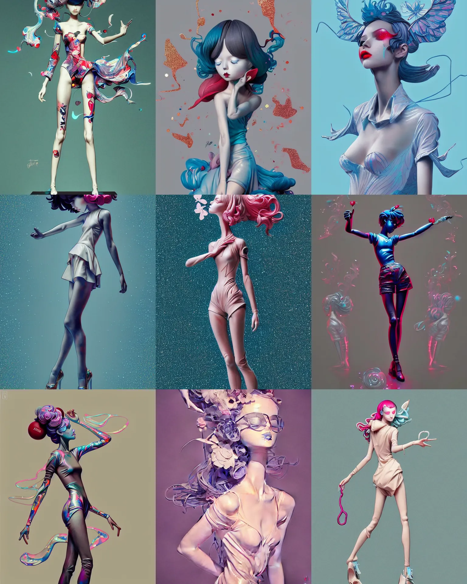 Prompt: james jean isolated vinyl figure modern candy fashionista, expert figure photography, dynamic pose, interesting color palette material effects, glitter accents on figure, anime stylized, accurate proportions artgerm realism, high delicate defined details, holographic undertones, ethereal lighting, editorial awarded