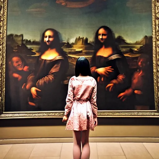 Prompt: shot from a distance, full room view, renaissance, rococo, manga, tonal, young lady, thin, dark hair, wearing flowing long babydoll - dress, flowers!, viewing the mona lisa painting inside the lourve