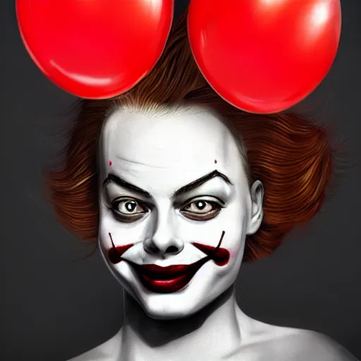 Prompt: surrealism grunge cartoon portrait sketch of margot robbie with a wide smile and a red balloon by - michael karcz, loony toons style, pennywise style, horror theme, detailed, elegant, intricate