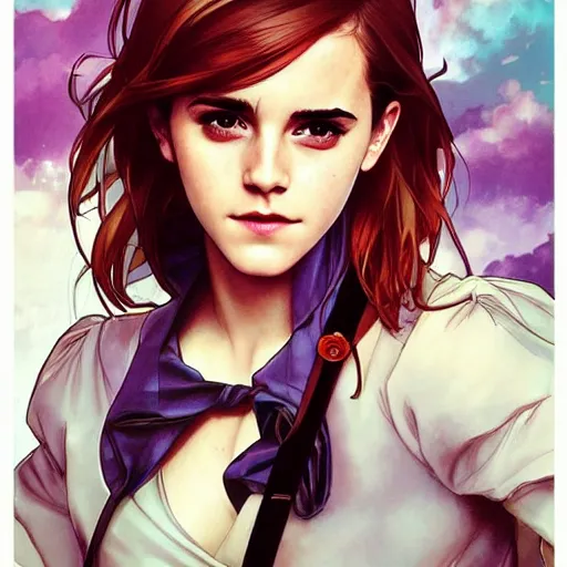 Image similar to emma watson perfect coloring, low saturation, epic composition, masterpiece, bold complimentary colors. stunning masterfully illustrated by artgerm, range murata, alphonse mucha, katsuhiro otomo