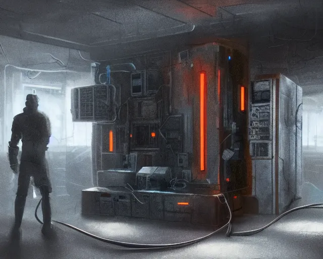 Image similar to blender gloomy colossal ruined server room in datacenter robot figure automata headless drone robot knight welder posing pacing fixing soldering mono sharp focus, emitting diodes, smoke, artillery, sparks, racks, system unit, motherboard, by pascal blanche rutkowski artstation hyperrealism cinematic dramatic painting concept art of detailed character design matte painting, 4 k resolution blade runner