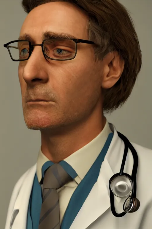 Image similar to a tired male doctor portrait, broken spectacles, stethoscope, baggy eyes, artstation trending, 8k, 4k, 2k, hd, close mid-shot