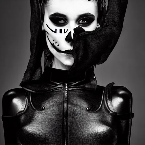 Prompt: fashion photography of an extraterrestrial model, wearing a black skull mask, wearing demobaza fashion, inside berghain, berlin fashion, harness, futuristic fashion, dark minimal outfit, photo 3 5 mm leica, hyperdetail, berghain, 8 k, very detailed, photo by nick knight