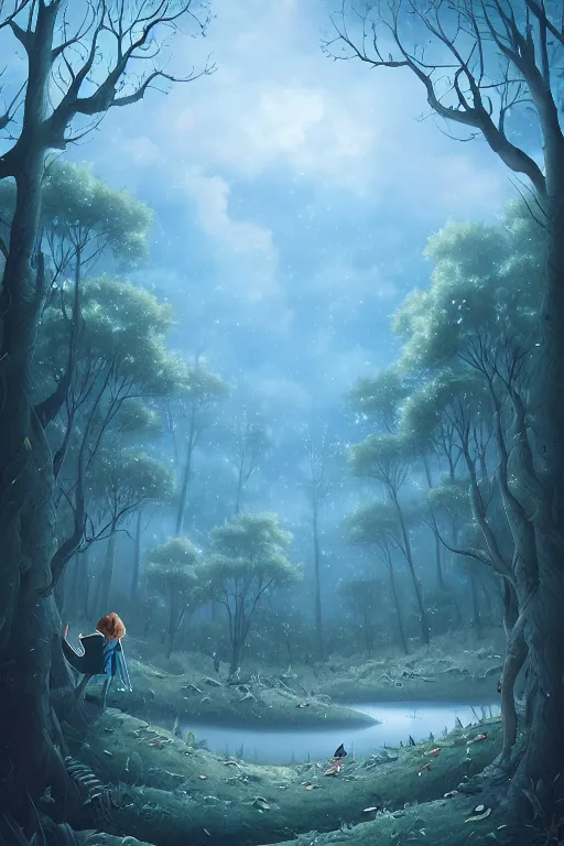 Image similar to A beautiful ultra detailed matte painting Moonlight woods near the water puffy clouds, by Cyril Rolando, David Wiesner, Karol Bak , featured on artstation